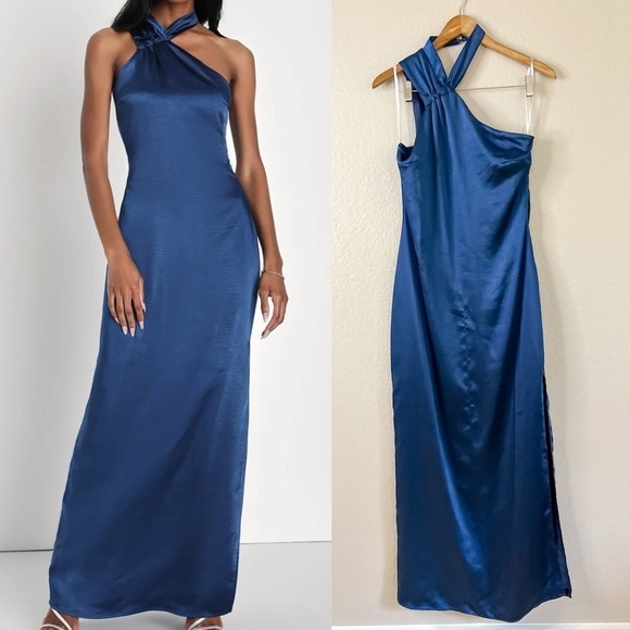 Lulus Dresses & Skirts - Beyond Stunning Navy Blue Satin Asymmetrical Halter Maxi Dress